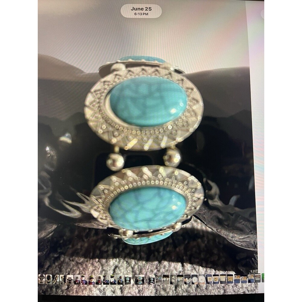 Turquoise Color Oval Cabochon Statement Bracelet Ornate Silver Tone